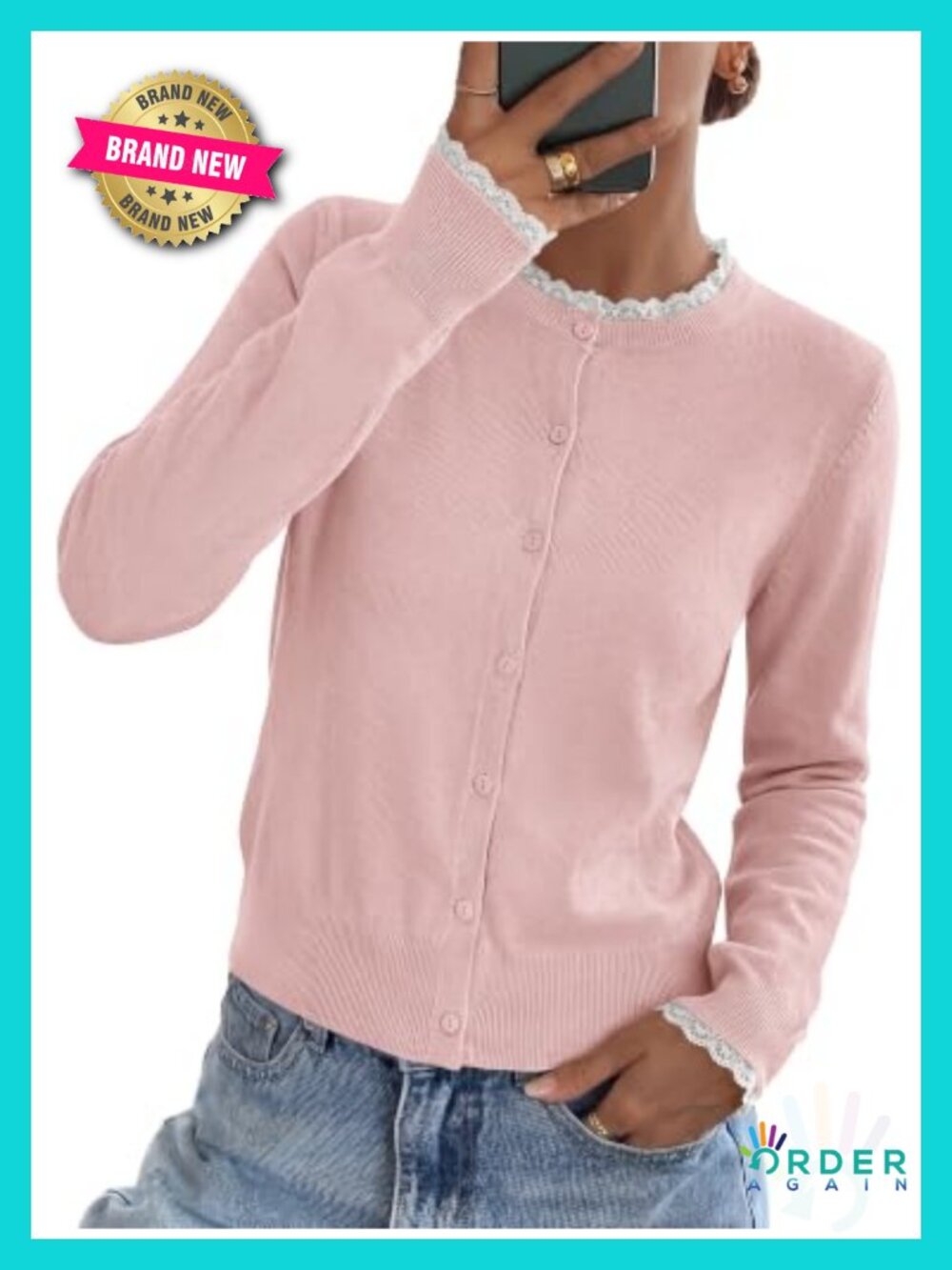Lightweight Button Down Lace Trim Knit Cardigan Sweater